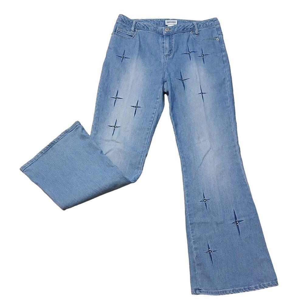 Vintage Forenza Flare Jeans Rhinestone Star Y2K Light Wash Stretch Womens Sz 6